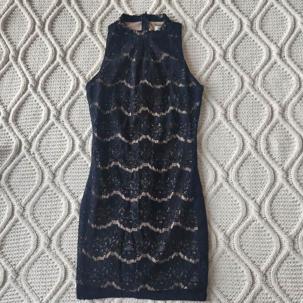 Love Fire High Neck Black Lace Knee Length Lace Dress Size XS